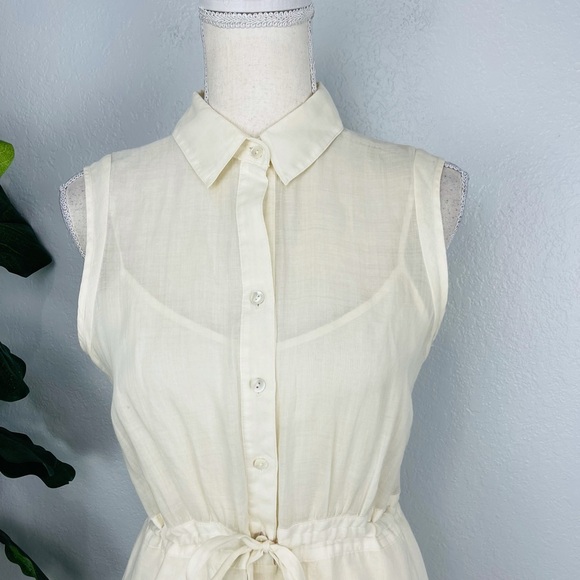 THEORY CREAM OFF WHITE COLLAR BUTTON DOWN SHEERE LINED CREAM DRESS - Picture 2 of 6